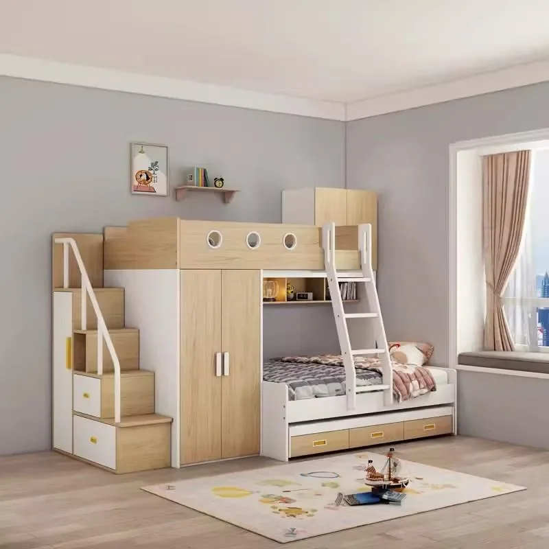for Children Staggered Bunk Beds Parallel Dislocation Upper and Lower Beds Double Layer High Low Bed with Wardrobe and Desk