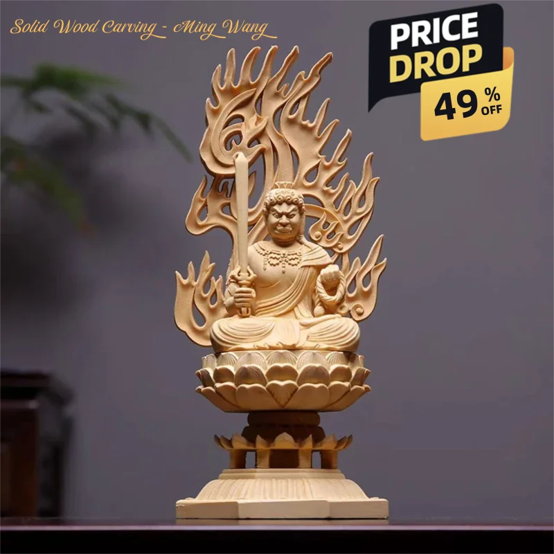 Solid Wood Carving Patron Saint Does Not Move Ming Wang Statue Chinese Buddhism Figures Home Living Room Office Feng Shui Statue