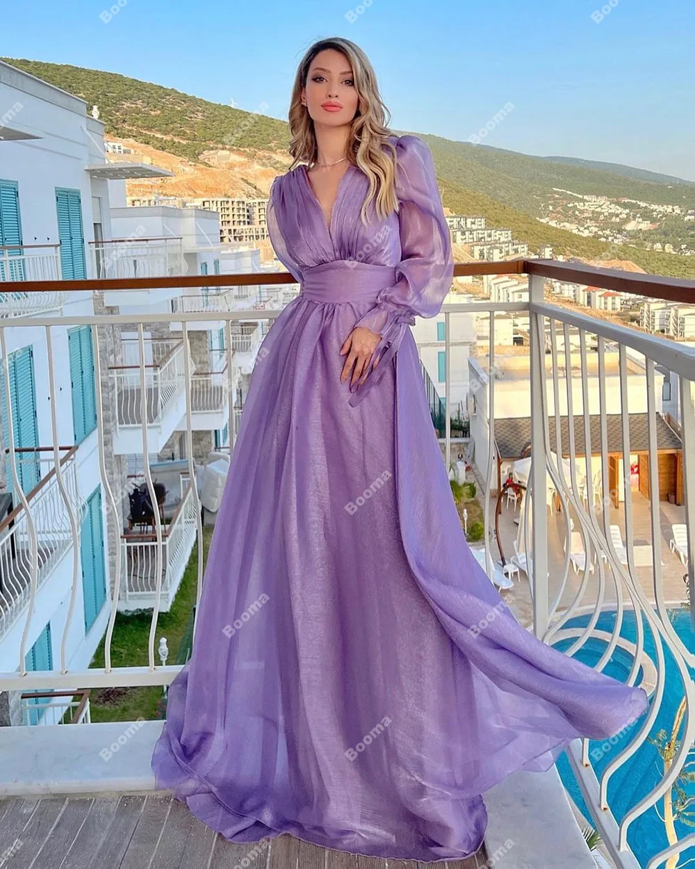 Booma Purple A Line Fomal Evening Deress V Neck Long Sleeves Organza  Prom Gowns Floor Length Party Events Dresses for Women