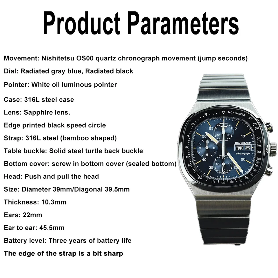 Hruodland New F022 Retro Quartz Chronograph Men Watches Sapphire