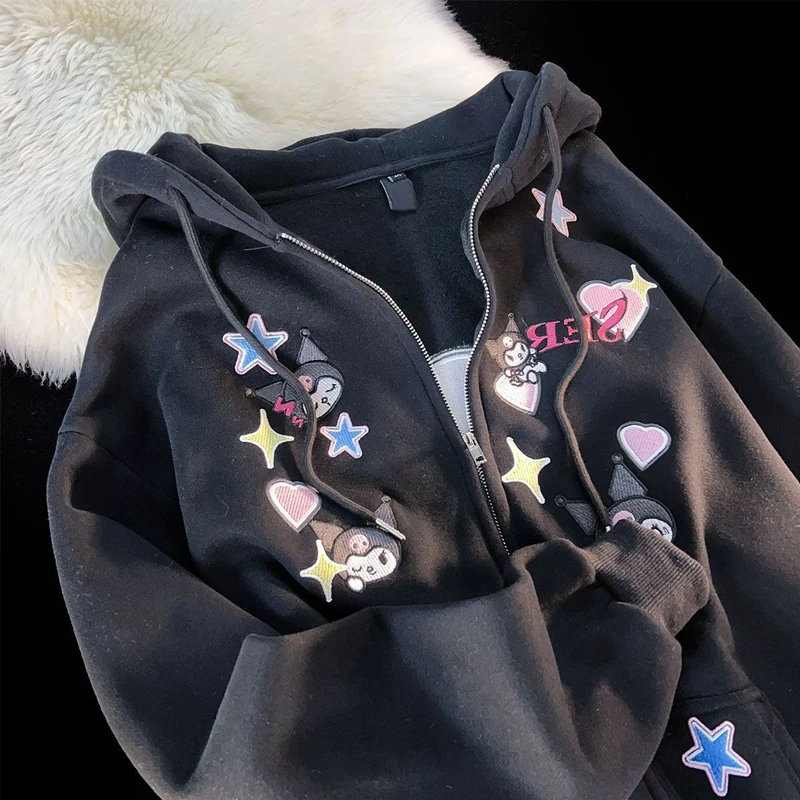 Sanrios Kuromi Cute Printed Hooded Cardigan Sweatshirt Autumn and Winter Cartoon Street Kawaii Loose Casual Velvet Jacket