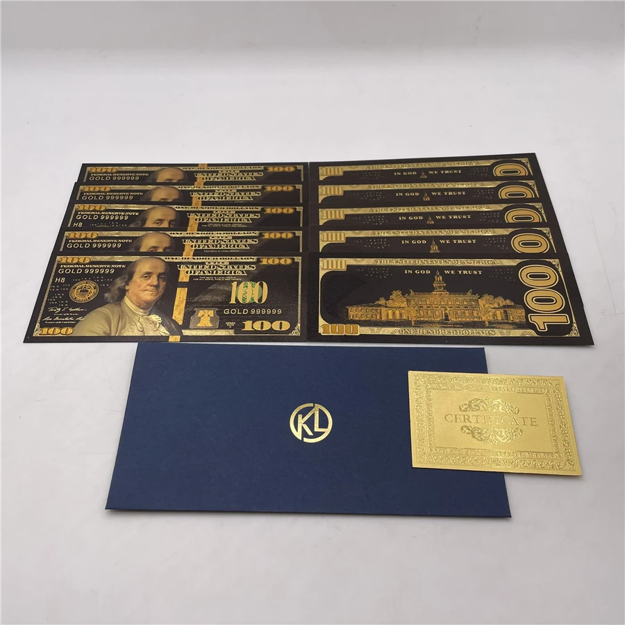 10pcs/lot USA 100 Dollar Gold Foiled Platsic Banknote Bill United States OF America with Envelope for gifts
