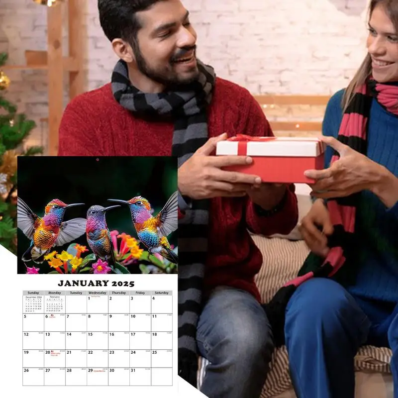Calendrier mural imprimé colibri, décoration pour zone de travail, salon, 12 mois, 2025