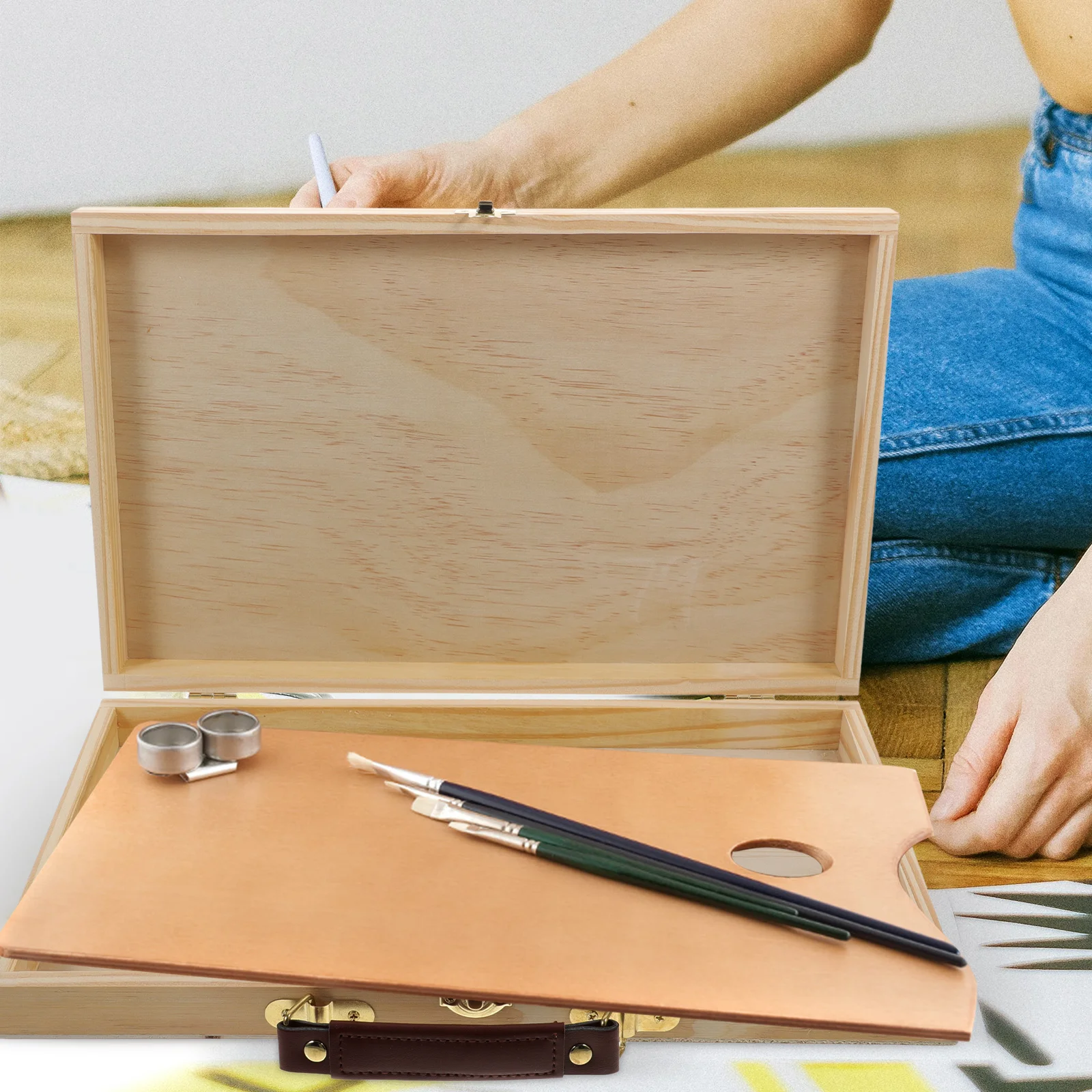 

Portable Solid Wood Painting Box Lightweight Durable Wooden Storage Case for Supplies Draw Tool Box Paint Case Handle Sketch