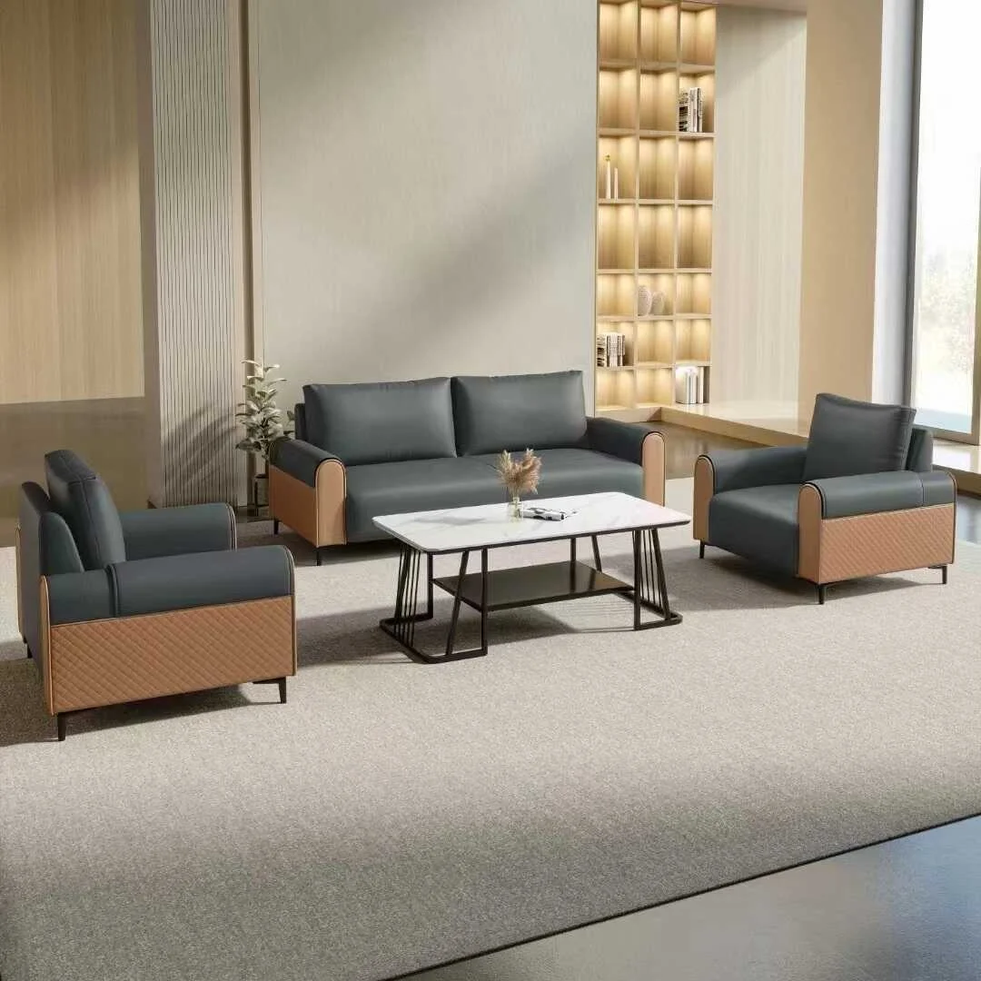 Nordic Style Modern Modular Sectional Office Reception Sofa Set Three-Seater PU Leather Cover Wooden Frame Living Room