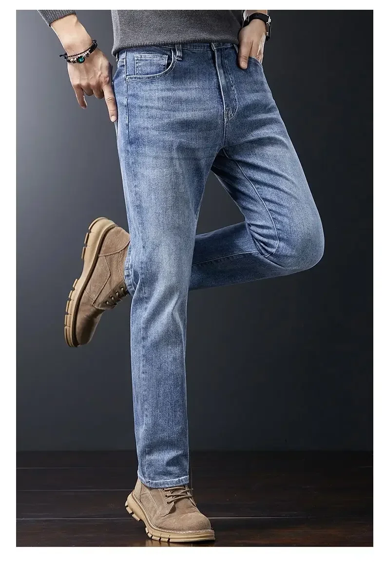 2027 Neue Herbst-Winter-Soft-Stretch-Jeans für Herren, Business-Casual, schmale, gerade Jeanshose, koreanische blaue, graue Arbeitshose für Männer – Detail 10