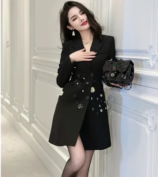 Prachtige Luxe Zwarte Colbert Dames Franse Diamanten Lovertjes Bloem Ol Professionele Zakelijke Jas Femme Outwear Party Tops