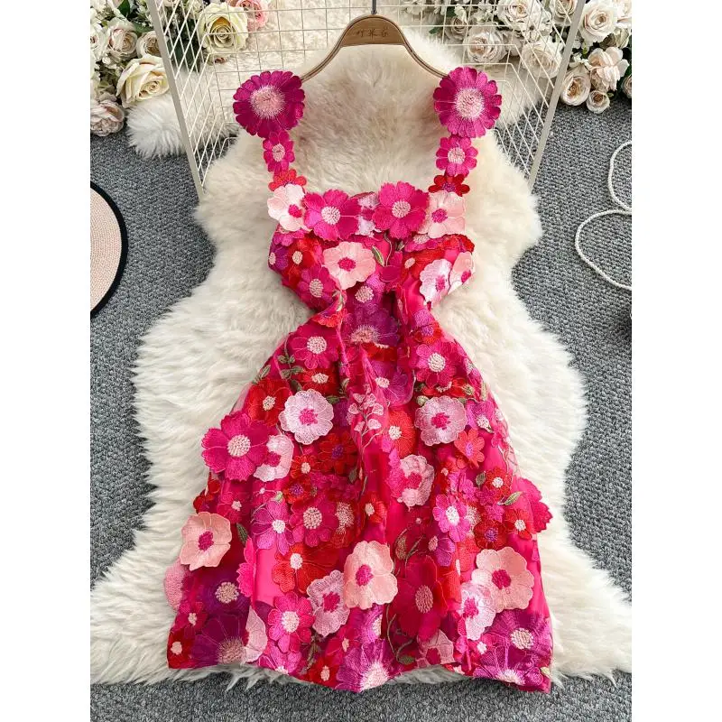 

Dresses Women Summer 2025 Elegant Sexy Sweet Three Dimensional Flower Slimming Princess Spaghetti Strap Slash Neck Short Dresses