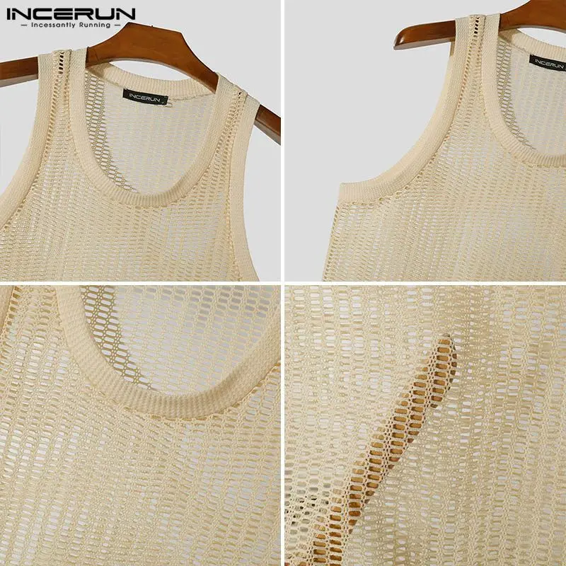 Fashion Sexy Style Tops INCERUN Mens Mesh Hollowed Vests Summer Casual Streetwear Male All-match Sleeveless Tank Tops S-5XL 2024