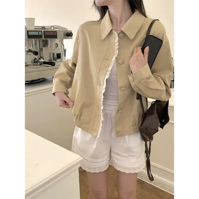 Lace Splicing Lapel Long-sleeved Jacket Women's 2026 Spring New Short Design Baseball Jersey Top Trendy