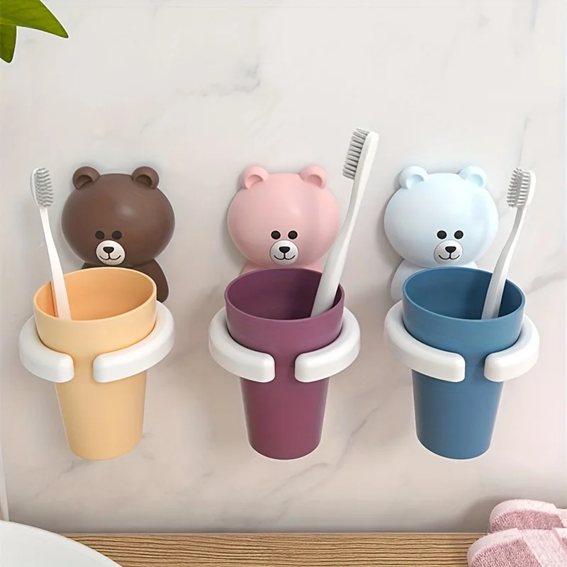 Creative bathroom adhesive style toothbrush storage rack for male and female student , cute dental cups, no need to drill holes