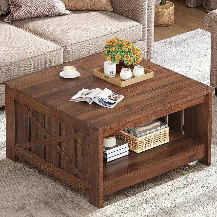 

YITAHOME Coffee Table Farmhouse Coffee Table with Storage Rustic Wood Cocktail Table,Square Coffee Table for Living Meeting Room