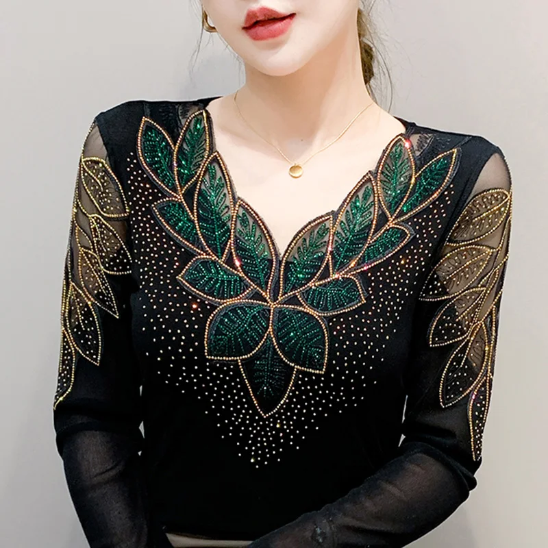 

Осенний новый топ с v-образным вырезом и длинными рукавами, элегантный кружевной топ и горячий бриллиант, женская сетчатая футболка M-3XL, эластичные футболки