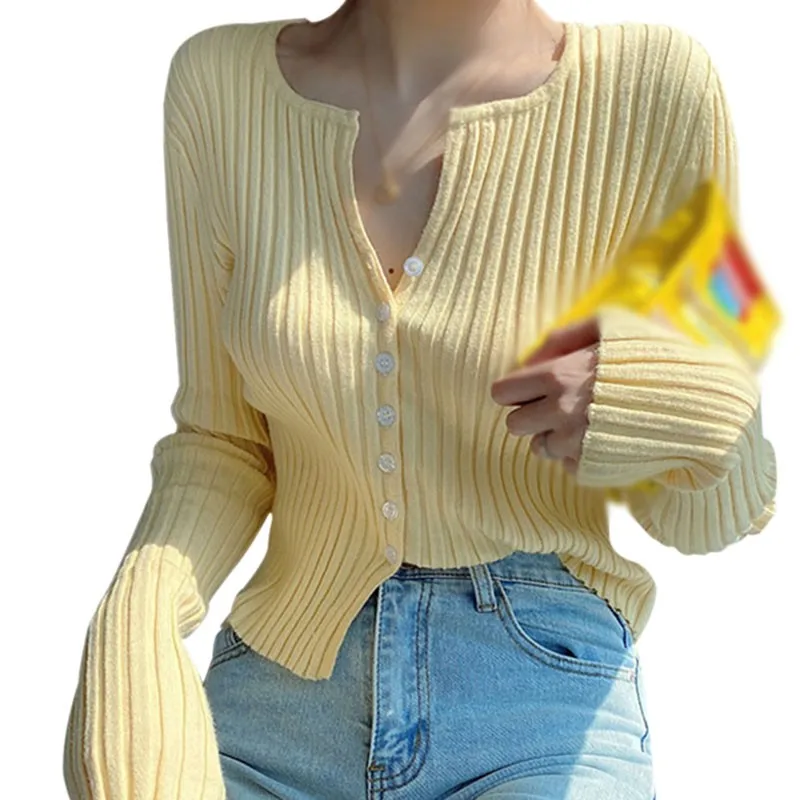 Women\'s Round Neck Long Sleeve Button Knit Cardigan Solid Color Vertical Stripe Slim Bottom Cardigan Top