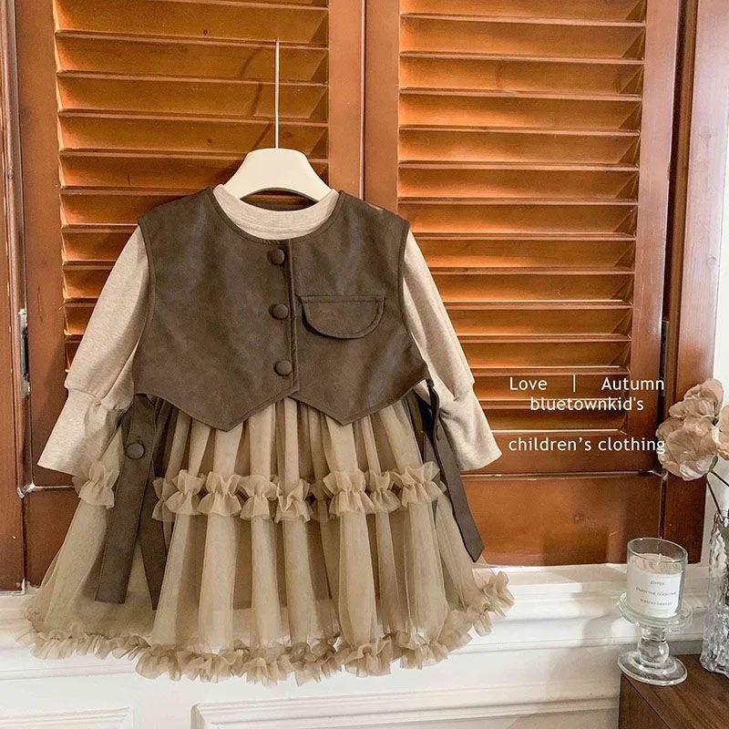 Girls' dress set, new autumn style, stylish baby girl leather vest with mesh princess dress, cotton