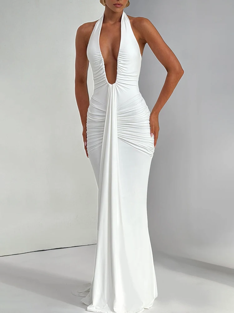 Summer Autumn Simple and Sexy Deep V Neck Backless Maxi Dress Women Perfect for Work or Beach Parties