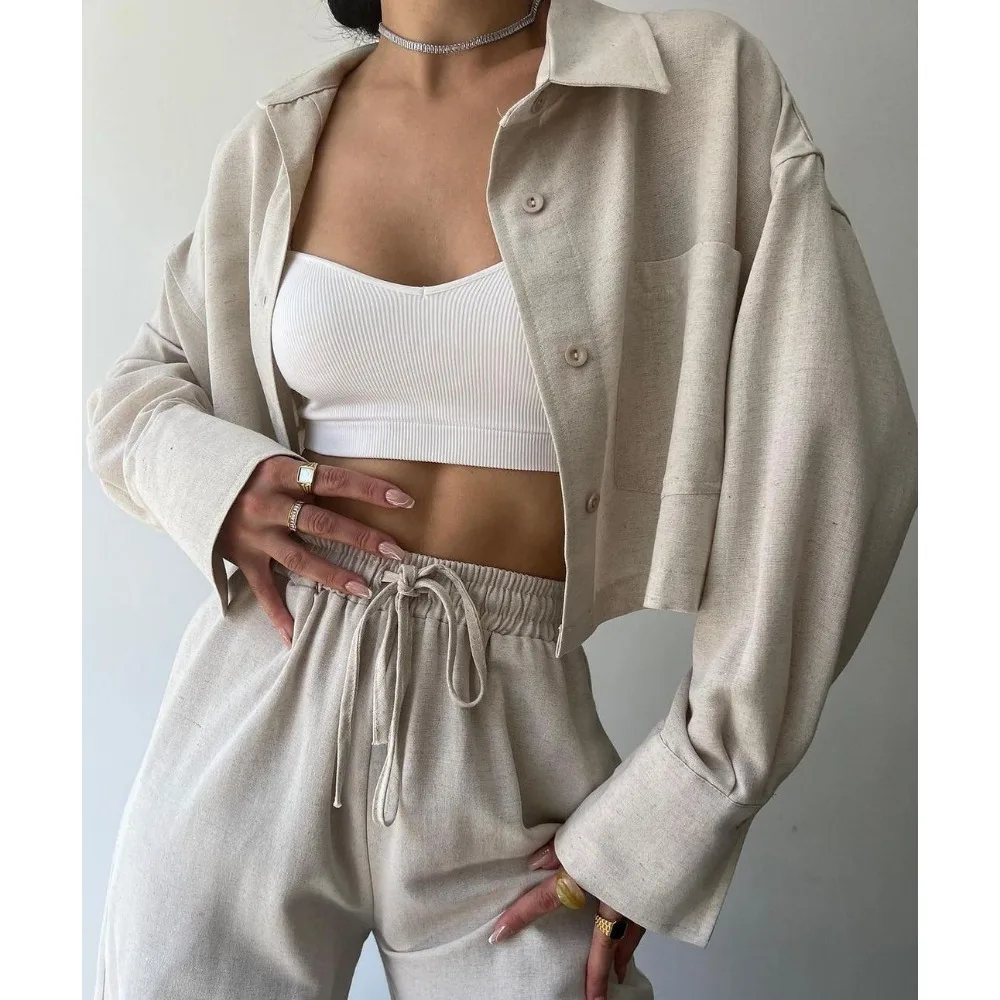 

New Autumn Casual Long Sleeve Short Shirt Drawstring Pants Suit Two Piece Sets Womens Outifits Blouses Highstreet Halter Tops