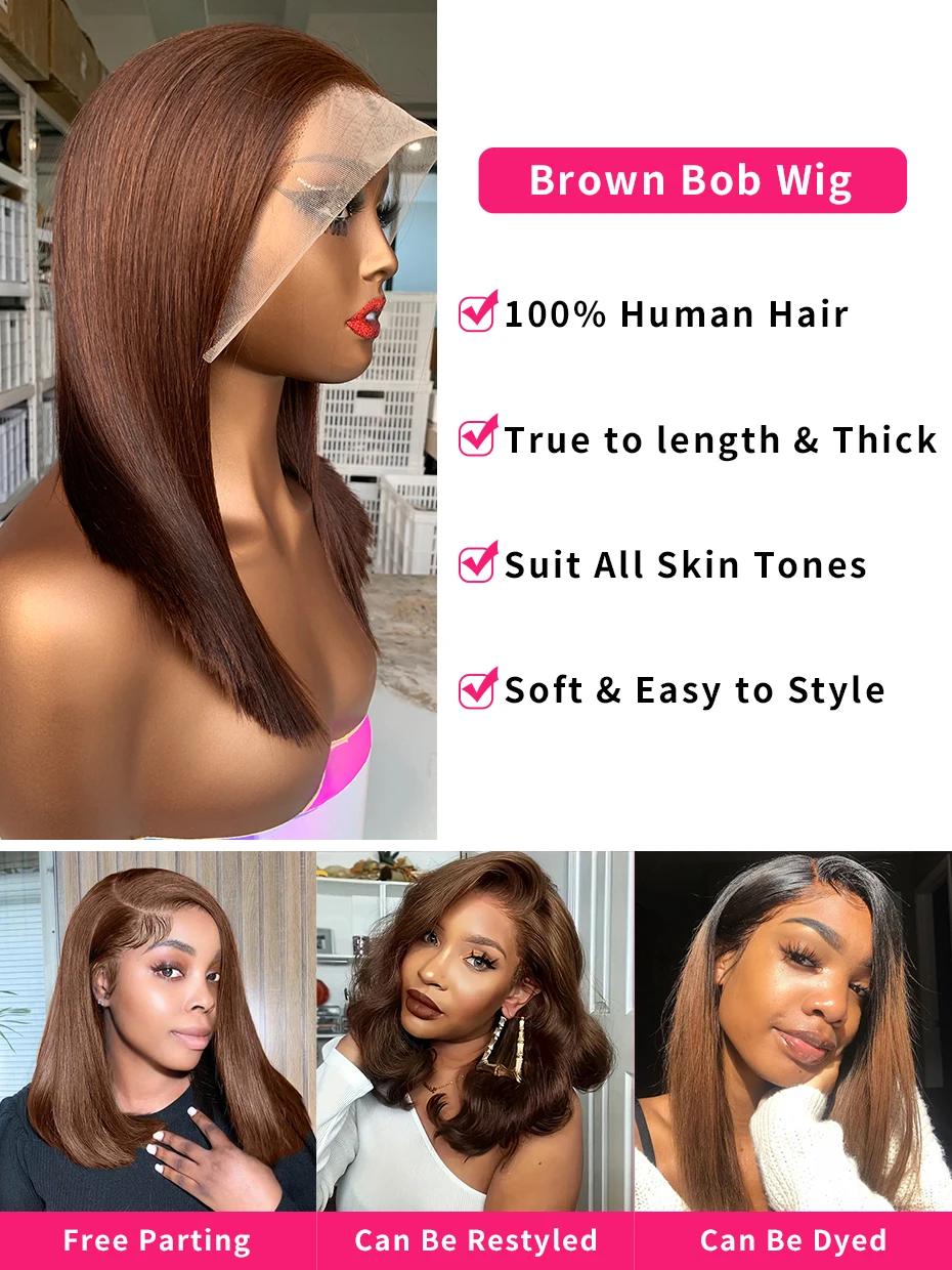 # 2 Bruine Chocolade Kleur 250 Dichtheid Kant Frontale Pruik Echt haar Ruw Vietnamees Dubbelgetrokken 13x4 Bob Kanten Voorkant Pruiken van echt haar
