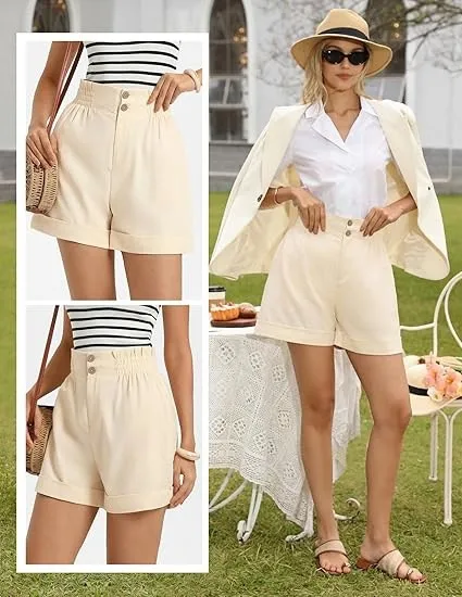 Women's Solid Color Elastic Waist Straight Leg Capri Shorts with Button Zipper Pockets for Travel Camping Streetwear Everyday