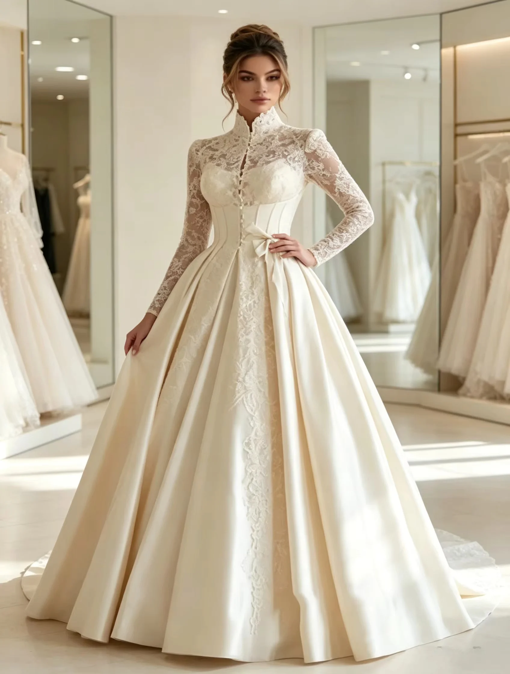 High neck long sleeve modest wedding gown with full A-line skirt. Elegant muslim bridal dress, custom size available. Perfect fo