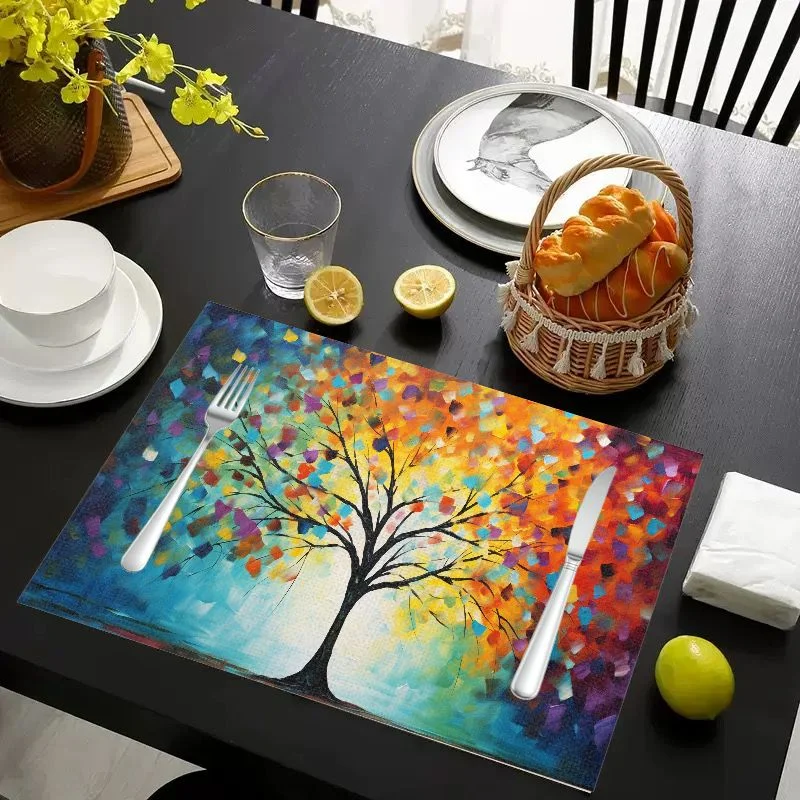 VIKAMA Colorful Mosaic Tree Placemats Abstract Oil Painting Table Mat Gradient Blue Dining Kitchen Washable Heat Resistant Mat
