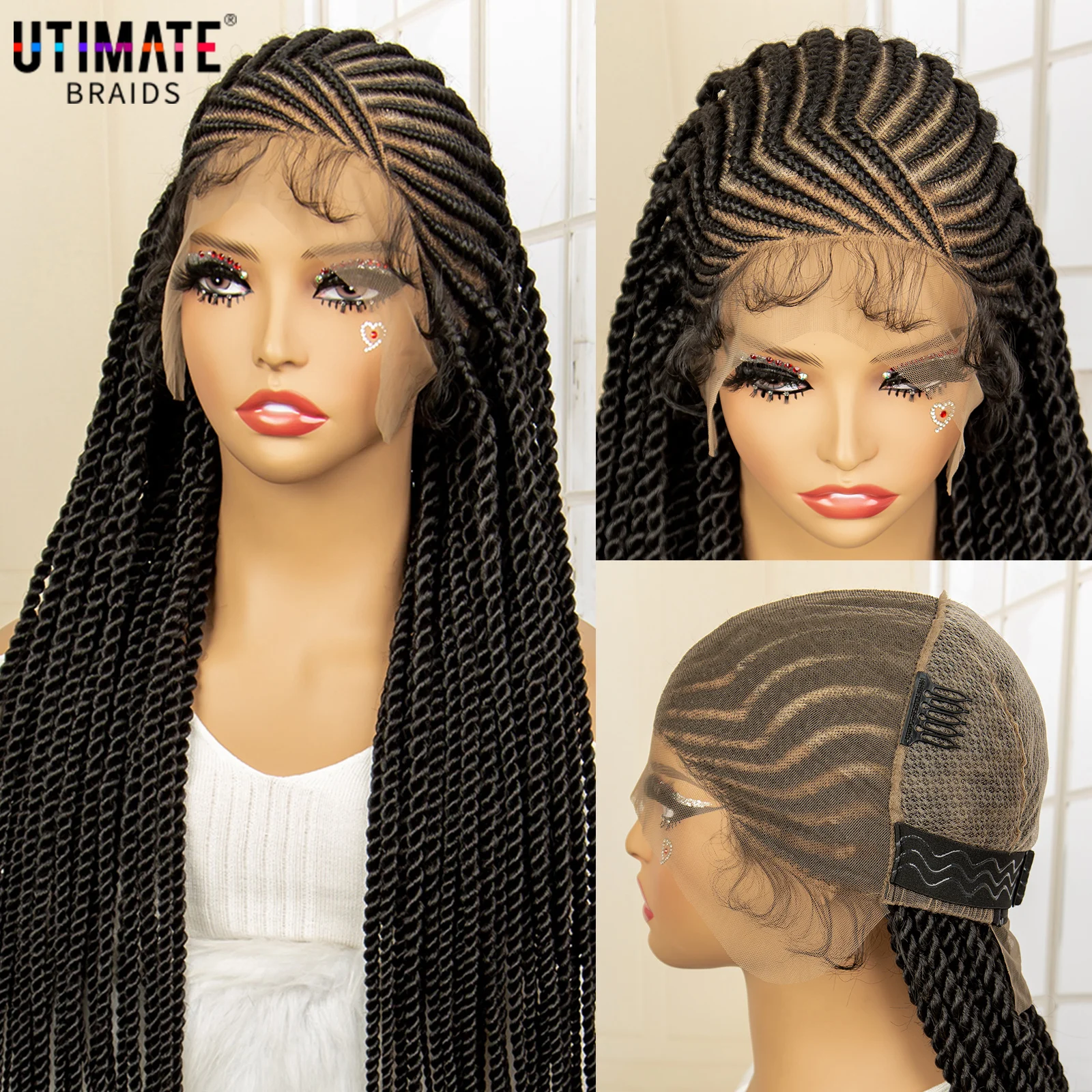 Synthetische volle Spitze Twist geflochtene Perücken für schwarze Frauen 32 Zoll handgemachte Cornrow knoten lose Box geflochtene Perücken mit Babyhaar