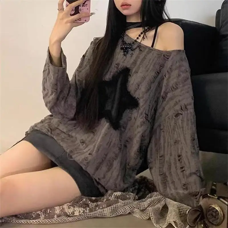 Grunge Hole T-shirt Women Fashion Star Print Y2k Aesthetic Loose Tees Kpop Fairycore Ripped Tshirt Harajuku Gothic Streetwear