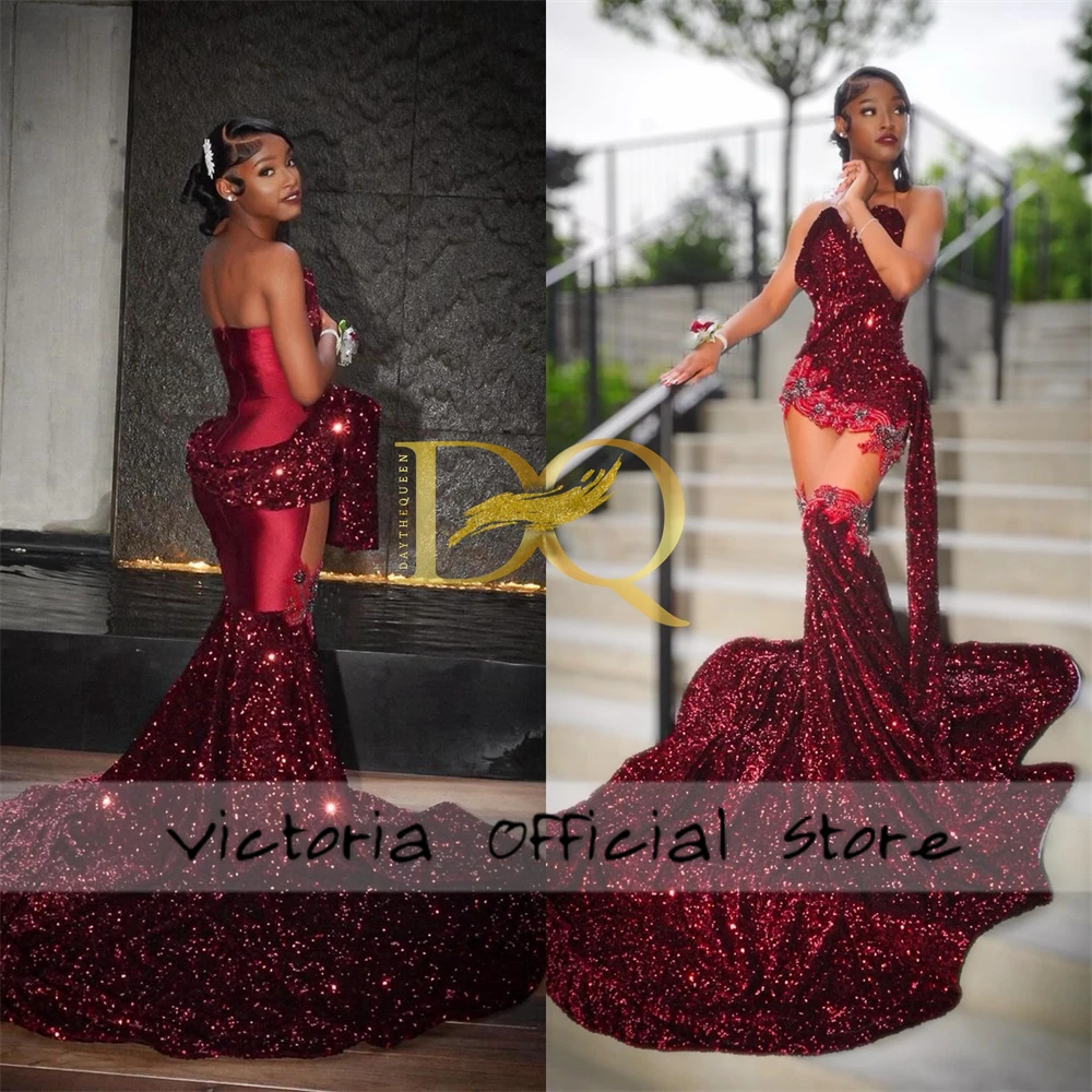 Burgundy Velvet Sequin Rhinestones Sweetheat Mermaid Prom Dress Blackgirl 2024 Luxious Wedding Party Guest Gown Customized