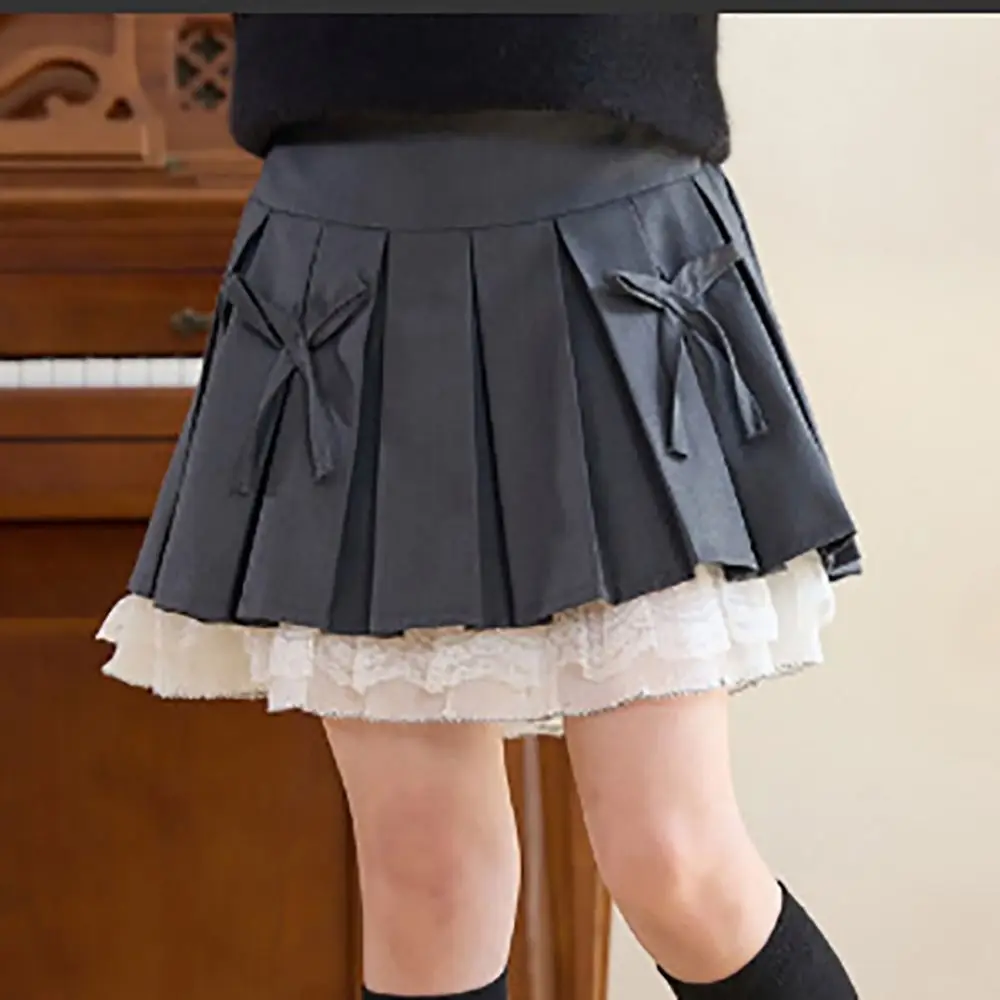 Bowknot Girl Pleated Skirt Pleated Design Lacw Edge Pleated Skirt Clothes Uniform Style Preppy Style Kids Uniform Skirt