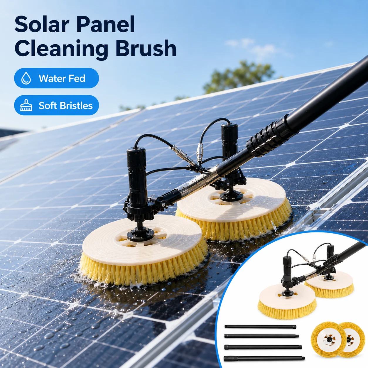 Solar Panel Cleaning Brush System, Rotating Dual Brush Head with Telescopic Water-Fed Pole, Photovoltaic Panel Washing Equipment