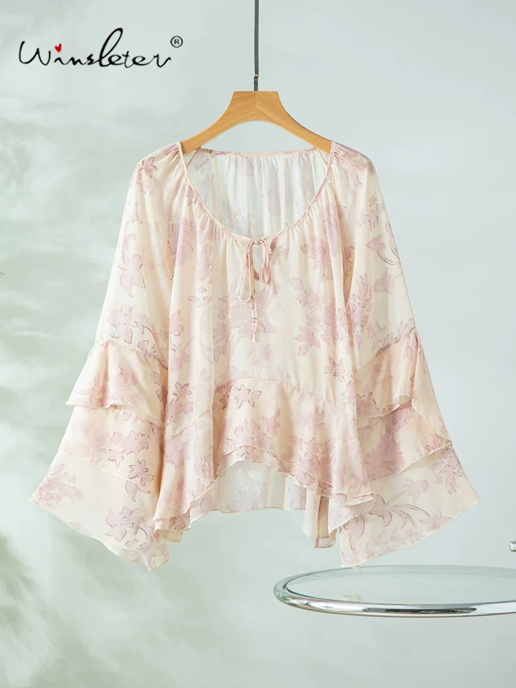 Winsleter-100%Real Silk Qiao Qi Elegant T-Shirt, Flare Sleeve Printed, Women French Sweet Sheer Loose Top, 2026 Autumn T67532CC