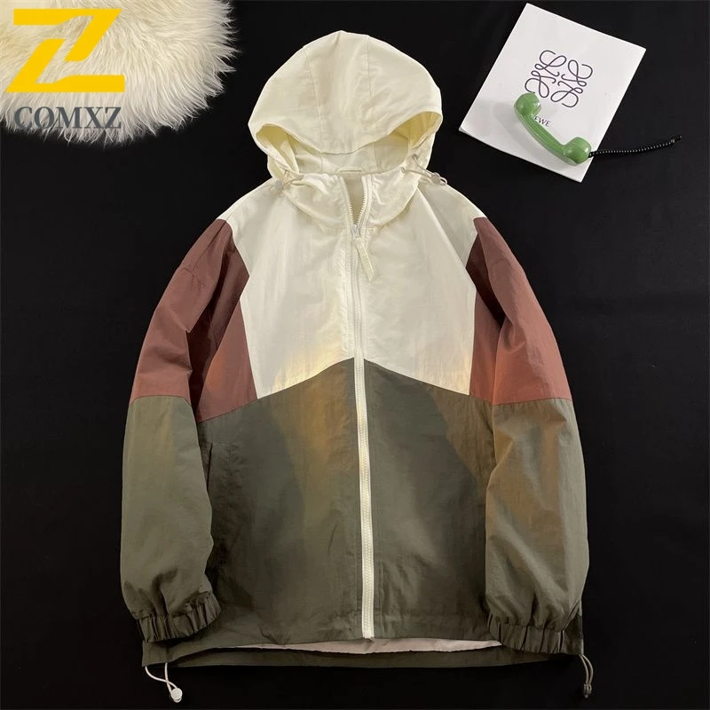 

COMXZ 2025 Мужская куртка с цветными блоками, нейлоновая рабочая одежда, ветрозащитные куртки высокого качества, минималистичные винтажные двухцветные повседневные пальто унисекс