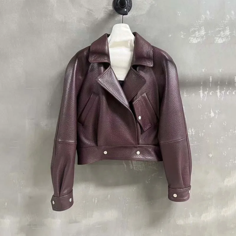 Women's Goatskin Biker Jacket - Cropped Burgundy Motorcycle Coat with Lapel Collar Pockets Snap Buttons Genuine Leather Casual