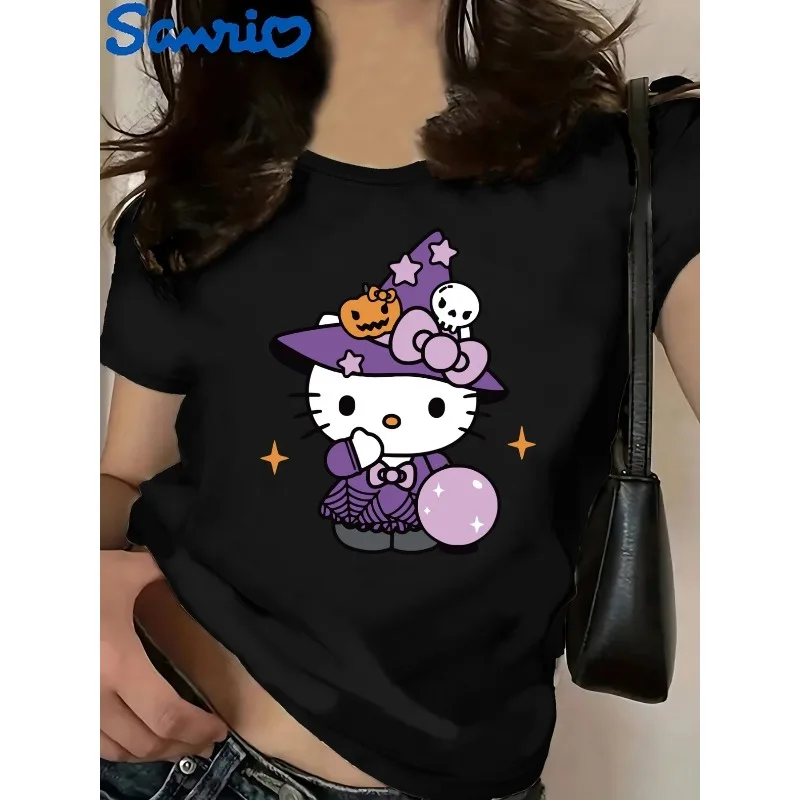 

Sanrio for Hello Kitty Women's Casual Short-Sleeve T-Shirt Cute Cartoon Halloween Theme Hello Kitty Print Crew Neck T-Shirt
