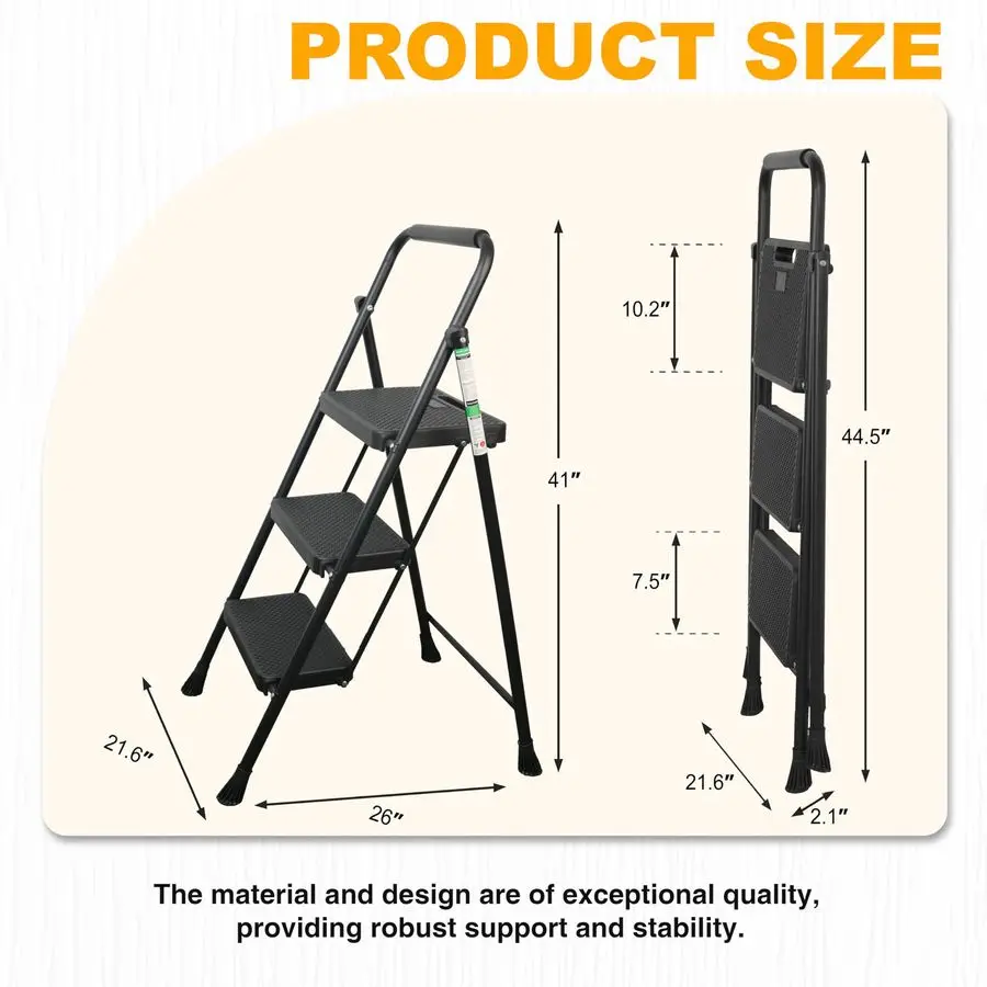 سلم متدرج، مقعد محمول قابل للطي من الفولاذ مع دواسة واسعة مضادة للانزلاق ومقبض مريح، سلم فولاذي قوي بوزن 500 رطل، Bla #4