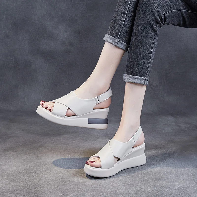 DRKANOL 2024 Women Genuine Leather Wedges Sandals Summer Platform High Heel Cross Peep Toe Sandals Concise Casual Shoes H2129Z