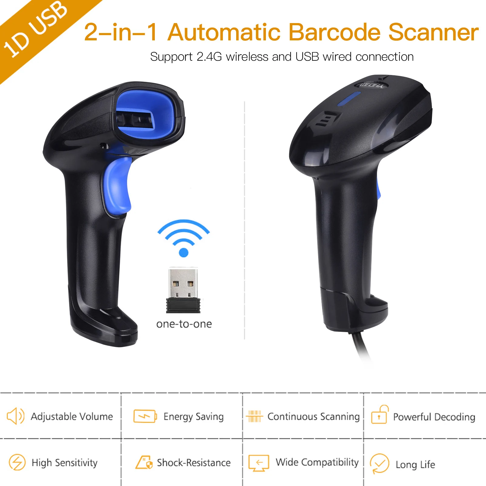 Scanner de código de barras sem fio 2 em 1, 2.4g e scanner de código de barras com fio usb, leitor automático de código de barras 1d portátil com recarregável