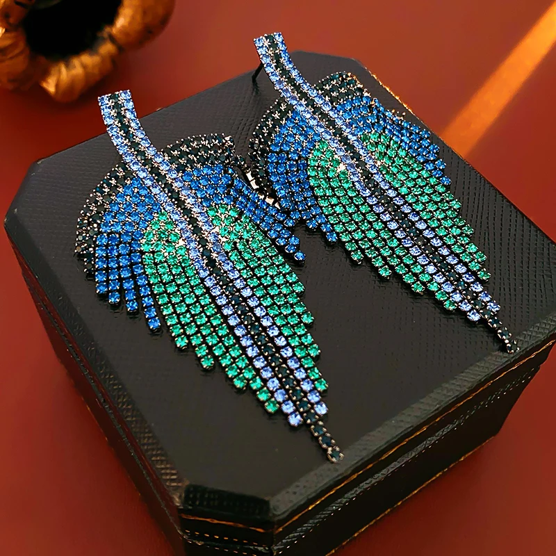 Rhinestone Bluey Leaf Tassel Dangle Earrings Occidental Style Personality Fashion Dainty Silver Needle Earring Wholesale Jewelry