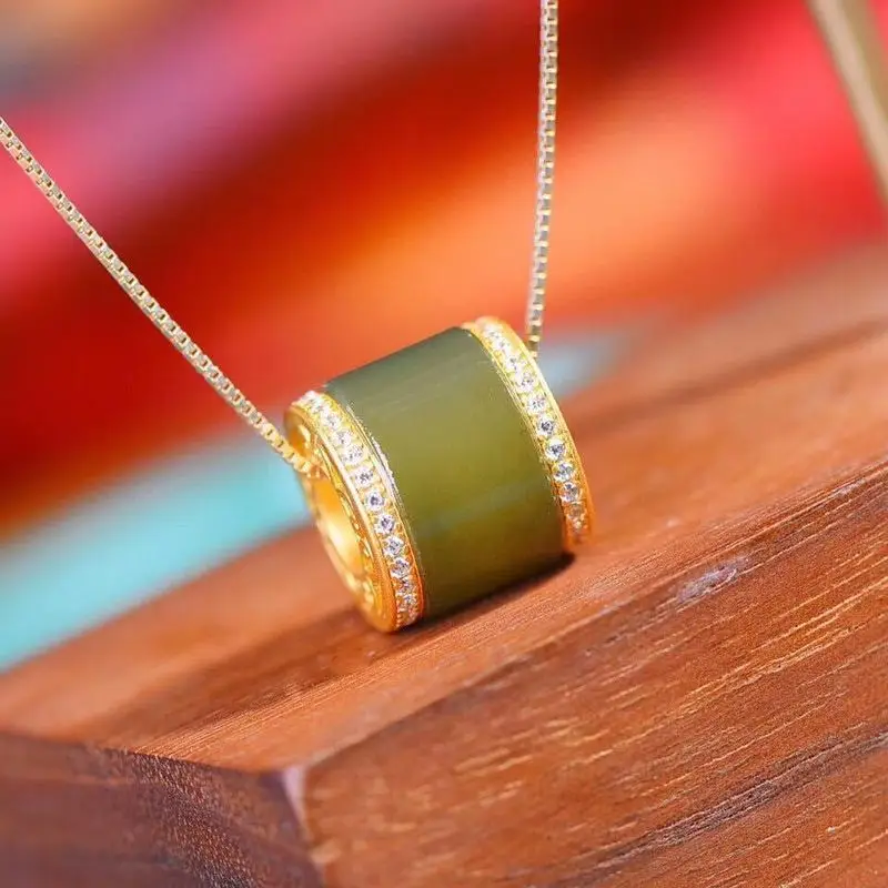 Traditional Silver Inlaid Hetian Duck Green Pendant Cylindrical Charm Women'S Collarbone Chain Jade Ornament