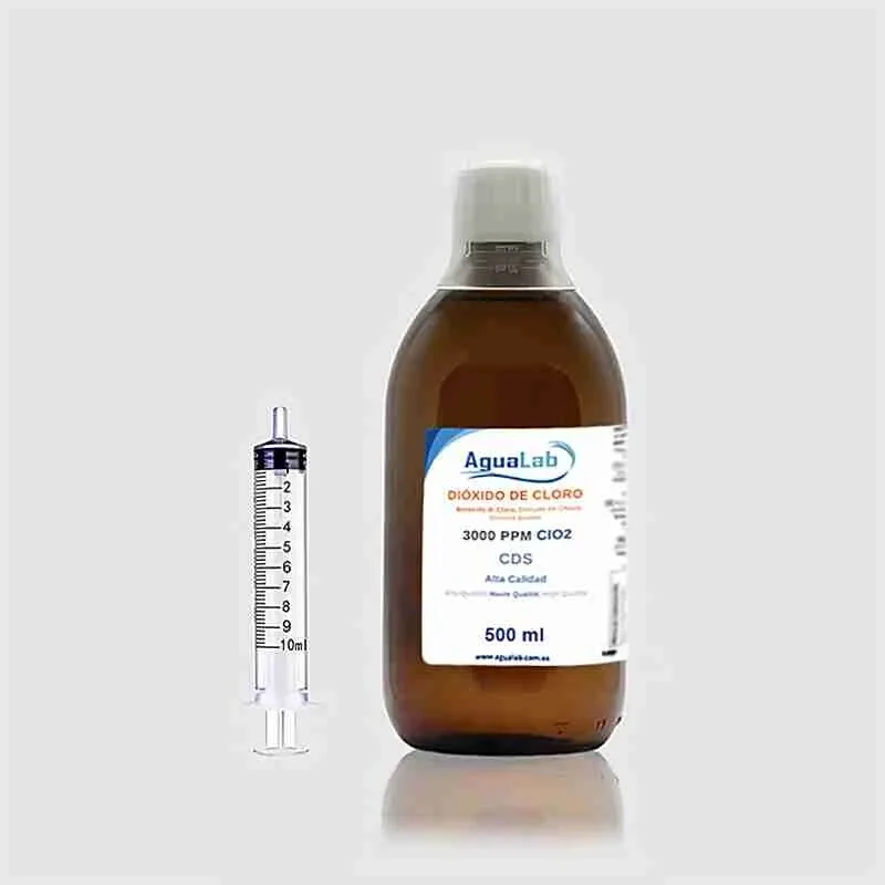 Dióxido de Cloro 500ml Vidrio 3000 PPM - Fabricado en España con Agua Ultra Pura - PH Neutro + Jeringa Gratis - Agualab®