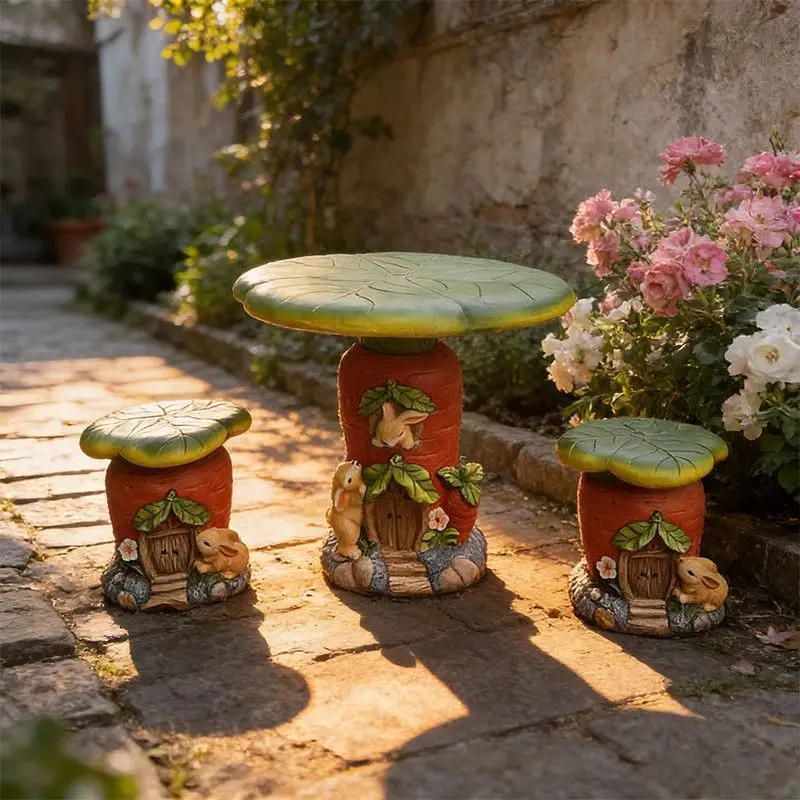 Outdoor Cartoon Rabbit & Carrot Shaped Table & Chair Set, Courtyard Garden Lawn Landscape Ornament