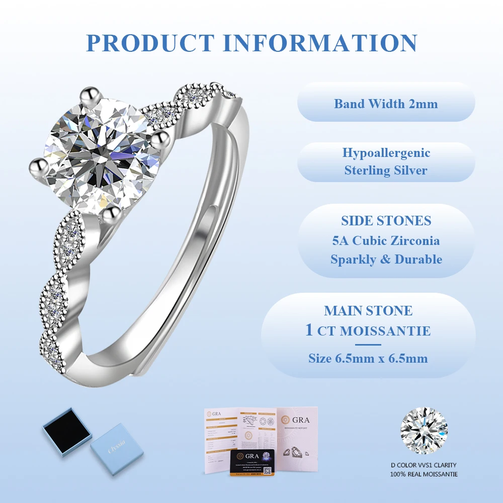 

CLYSSIA D Color Moissanite Adjustable Open Size Fairy Ring 925 Sterling Silver Fine Jewelry Dating Gift with GRA Certified