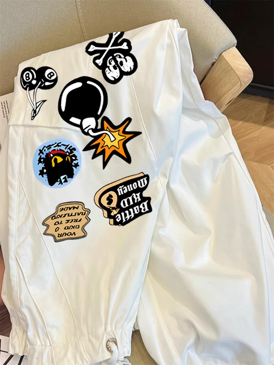 Weiße amerikanische Retro High Street bedruckte lässige Arbeitshose ex Sommer faule lockere Hose mit geradem Bein für Männer und Frauen