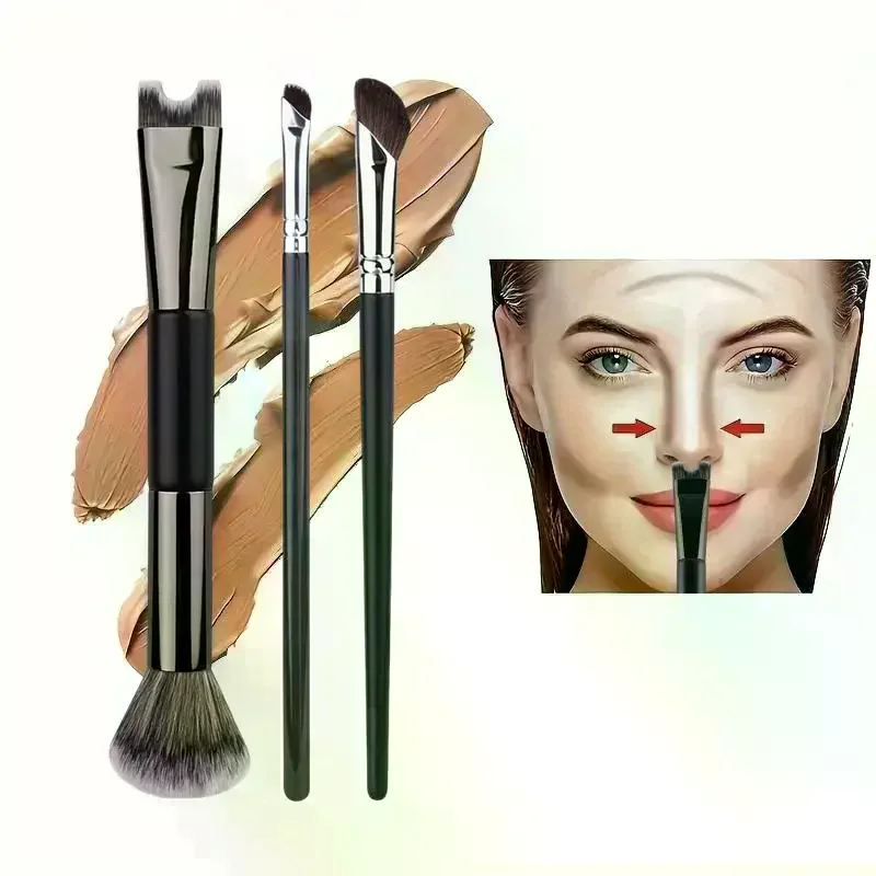 Angled Nose Contour Brush 1 3 Pcs Dual Ended Makeup Set For Nose Highlighting And Eyeshadow Perfect For Beauty Lovers