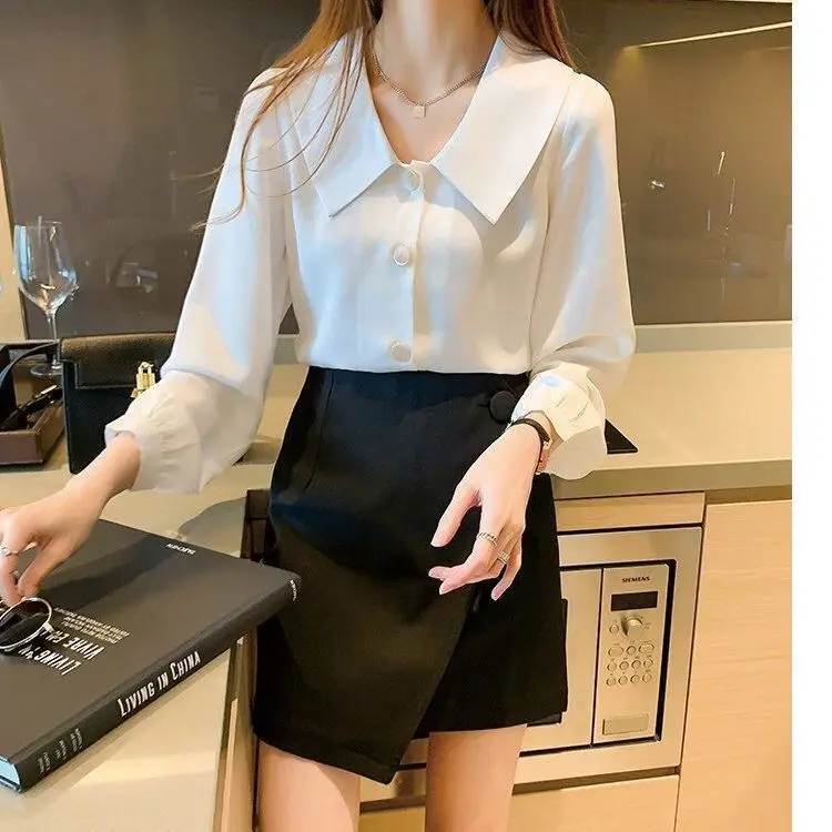 

Long Sleeve Shirts Womens Satin Buttoned Lantern Sleeves Pleated Hem Turn Down Collar Preppy Feminine Minimalist Retro French