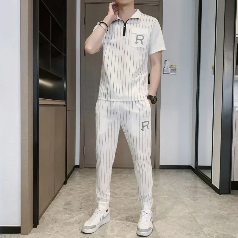 T Shirt Man Stripe Pants Sets Sportswear Sports Suits Alphabet Top White Men's Clothing 2 Piece Outfit Tracksuit Cool Essential