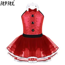 Kids Girls Ballet Dance Tutu Gymnastics Skating Leotard Dress Sleeveless Sequins Dancewear Christmas Party Performance Costumes