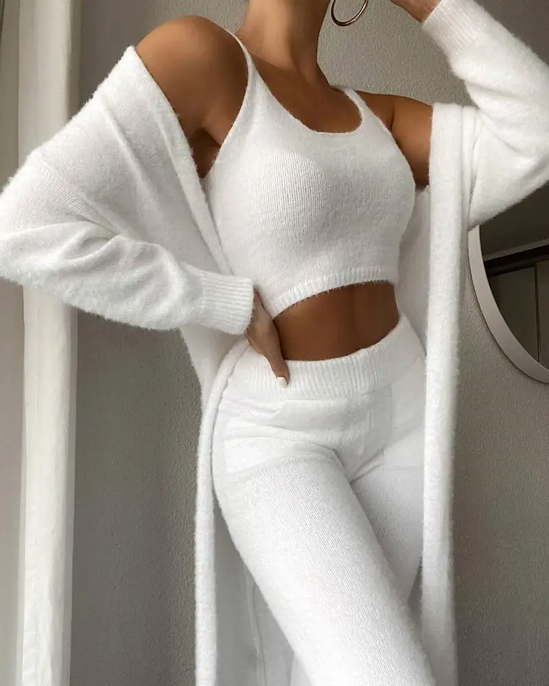 2024 Spring New Women\'s Pants Set Vest Tops+Long Pants+Coat 3 Pieces Suit Winter Warm Soft Fleece Sports Suit Y2k Clothes