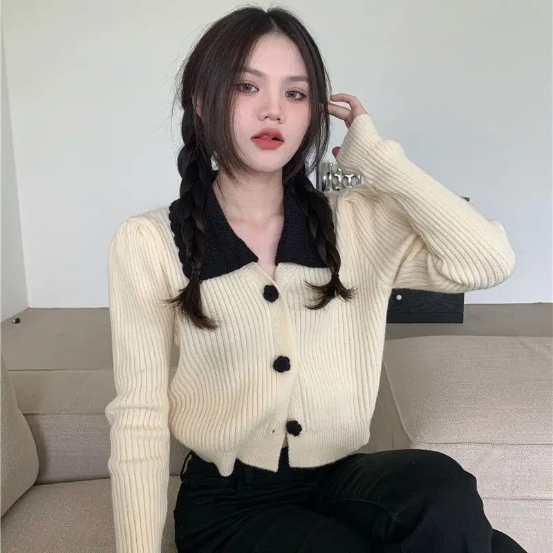 Cropped Cardigan Women Peter Pan Collar Sweet Lovely Preppy Korean Fashion Style Autumn Sweaters Knitted Кардиган Женский Retro