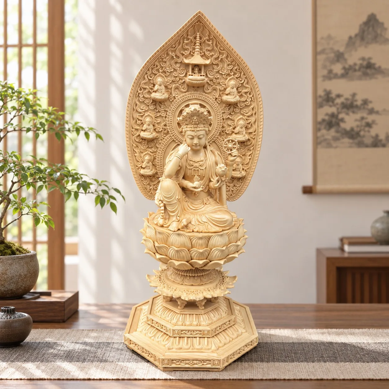 Hand-Carved Hinoki Wood Cintamanicakra Avalokitesvara Bodhisattva Statue with Six Arms Traditional Zen Buddhist Home Decor Gift